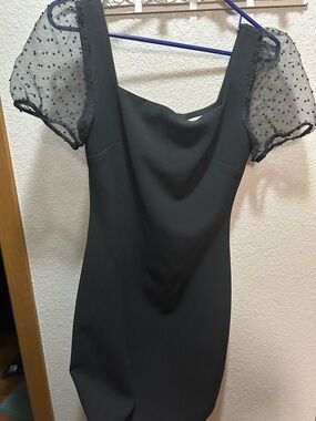 BCBGeneration Black Midi Dress with Sheer Dotted Puff Sleeves